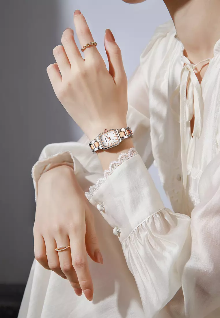 Jam Tangan Wanita Original Korea Fashion Anti Air Tali Stainless Steel Jam Tangan Cewek gold white