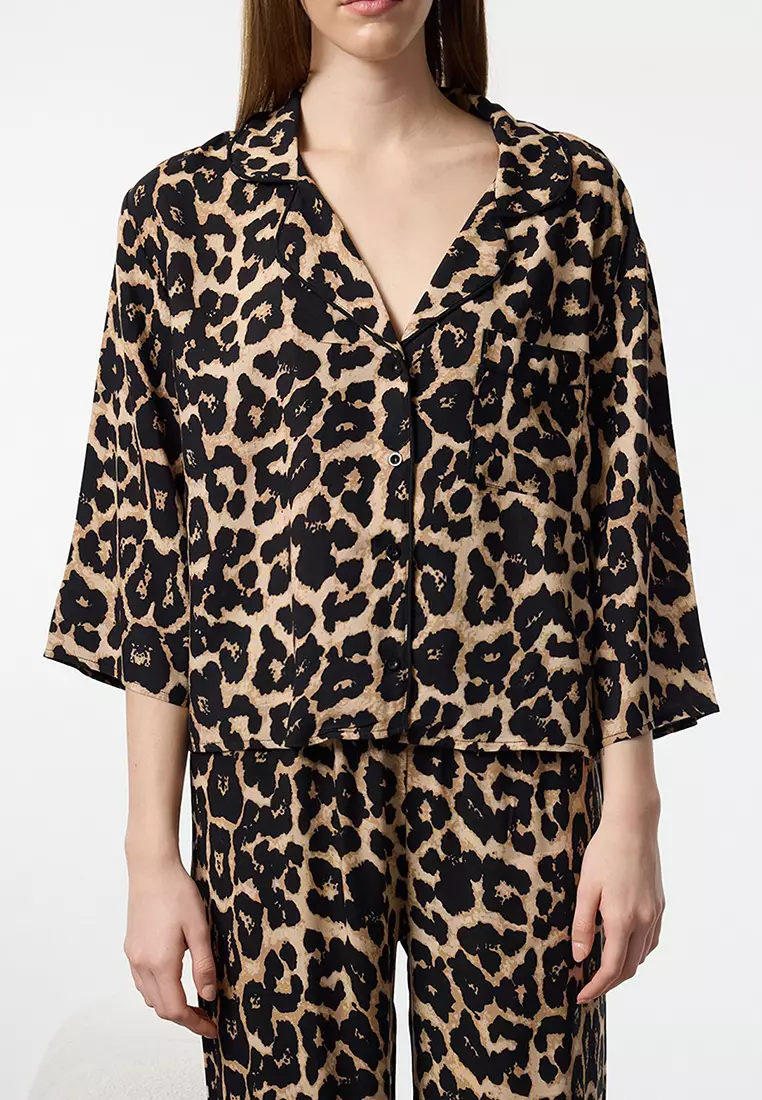 Multicolored Leopard Patterned Viscose Woven Pajama Set THMAW21PT0292