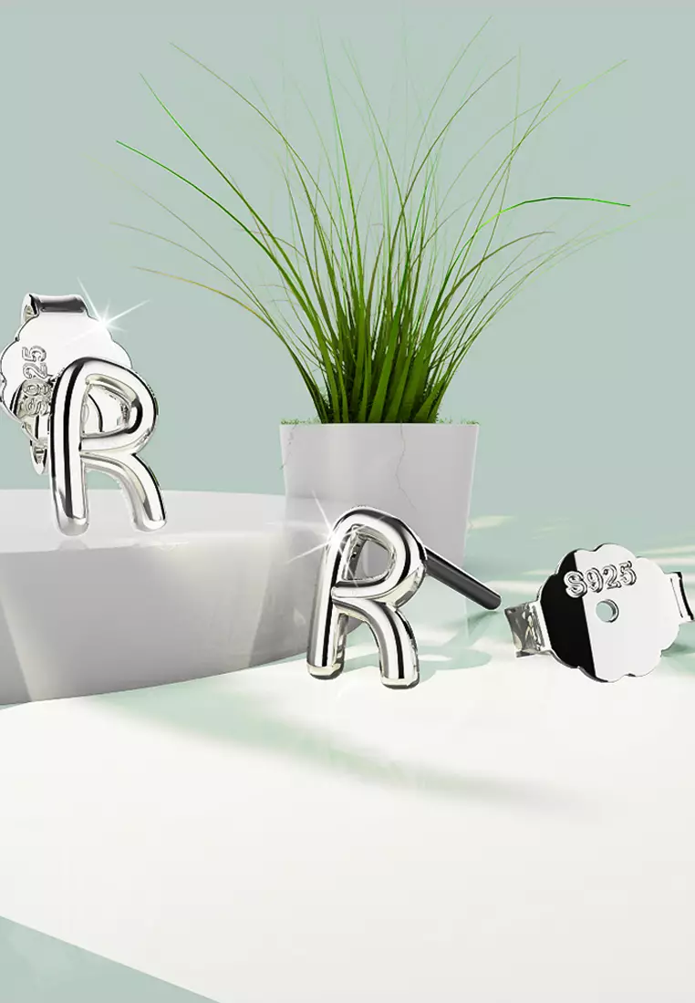 Solid 925 Sterling Silver Initial Alphabet Personalised Stud Earrings- R