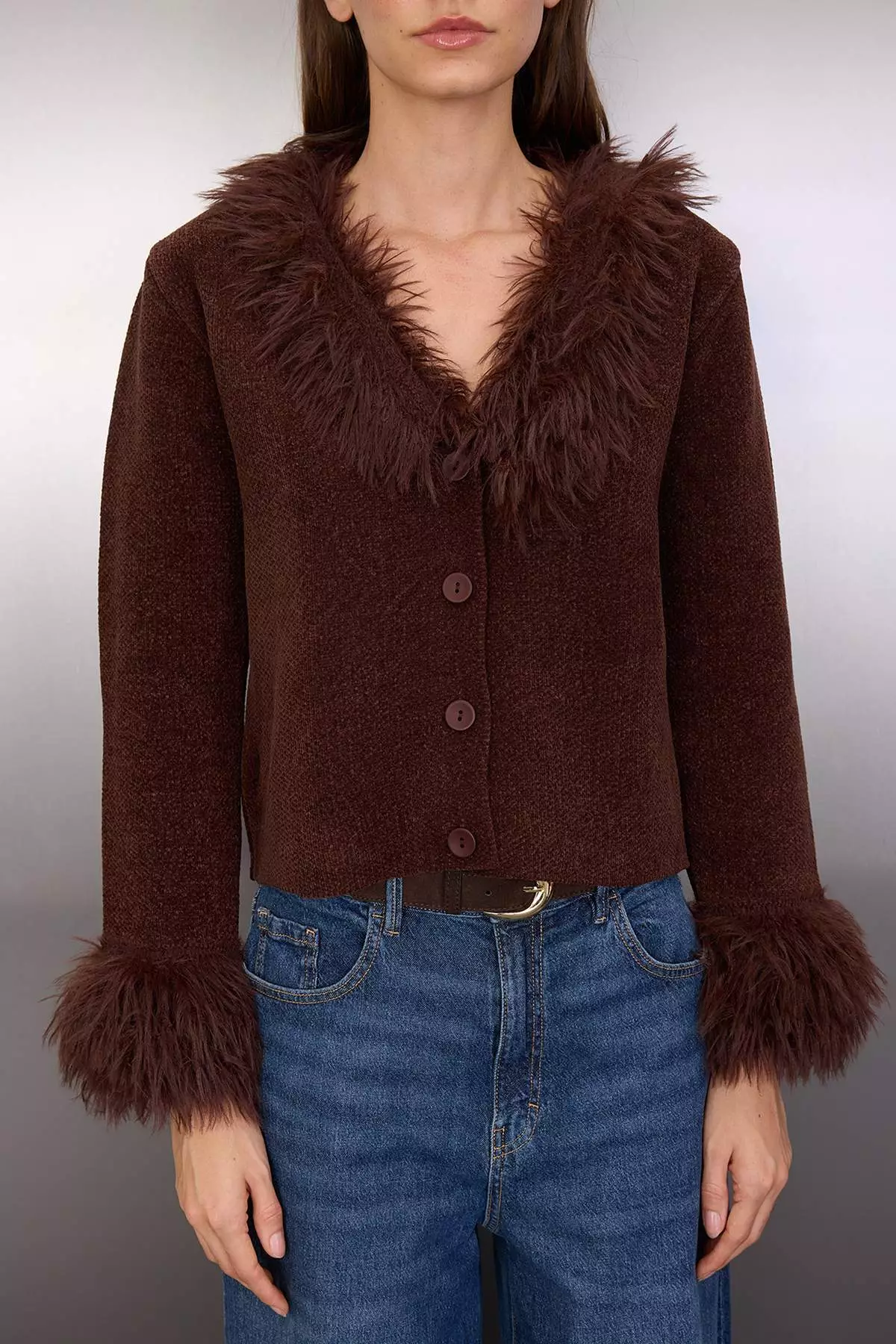Brown Special Yarn Otris And Fur Detailed Knitwear Cardigan
