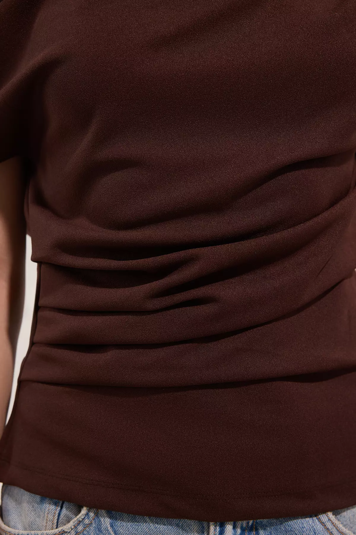 Brown Gathered/Draped Detailed Flowy Asymmetric Collar Knitted Blouse TWOSS25BZ00024