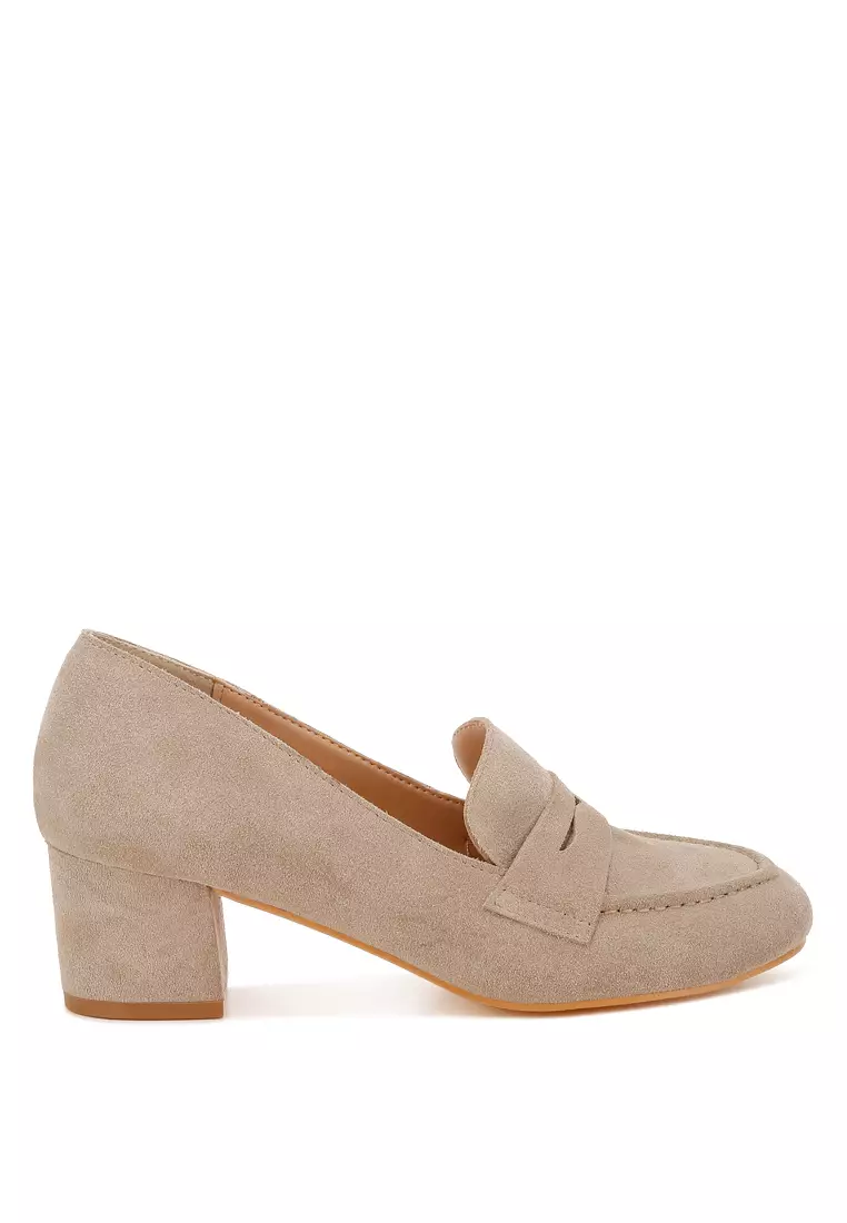 Block Heel Suede Loafers in Sand