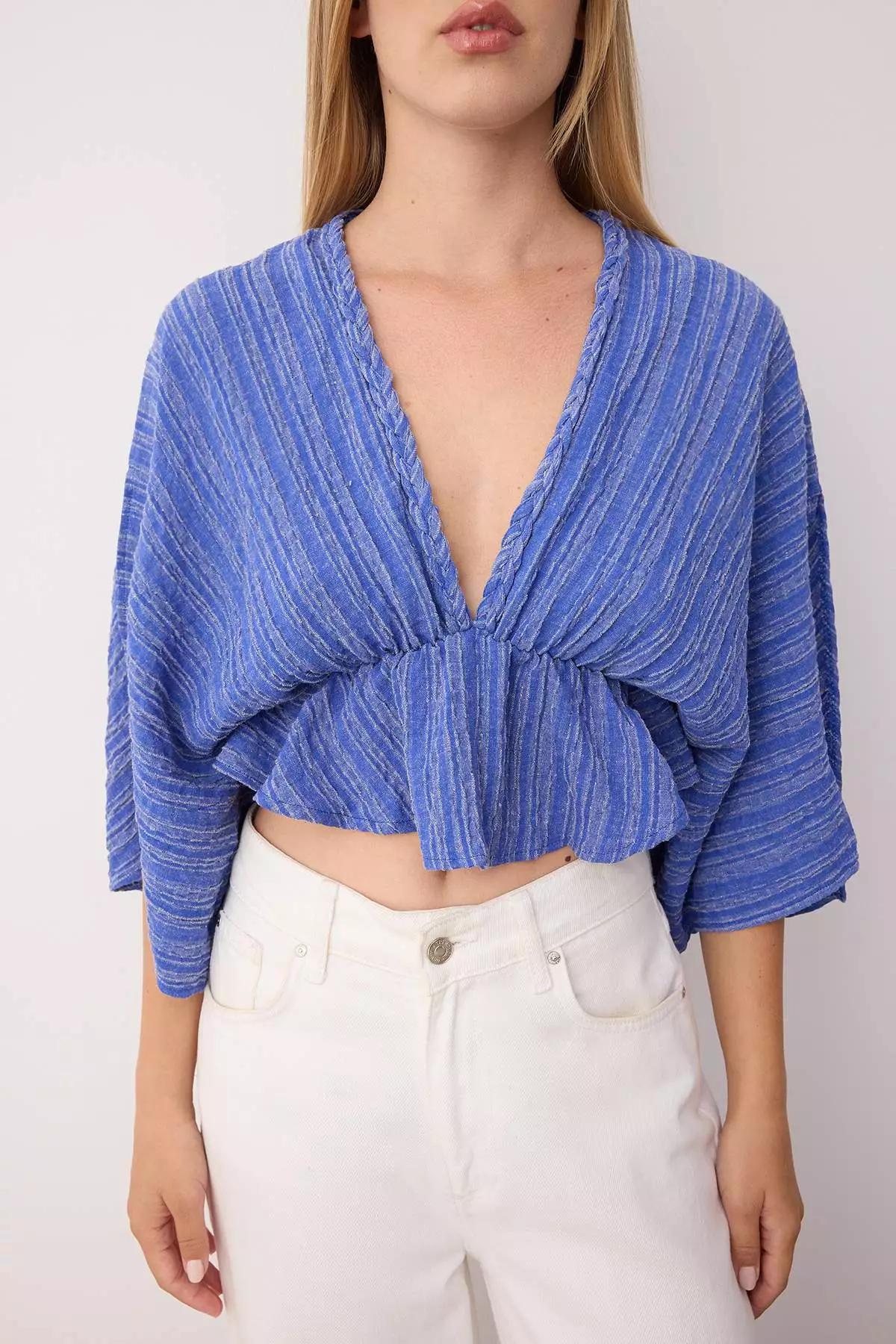 Blue Textured Flounced Blouse