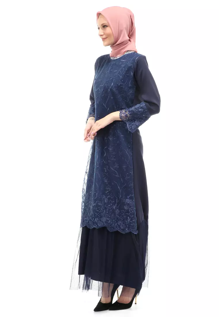 Diana Gamis Brukat Wanita Muslimah Lapis Moscrepe Premium Quality - Navy