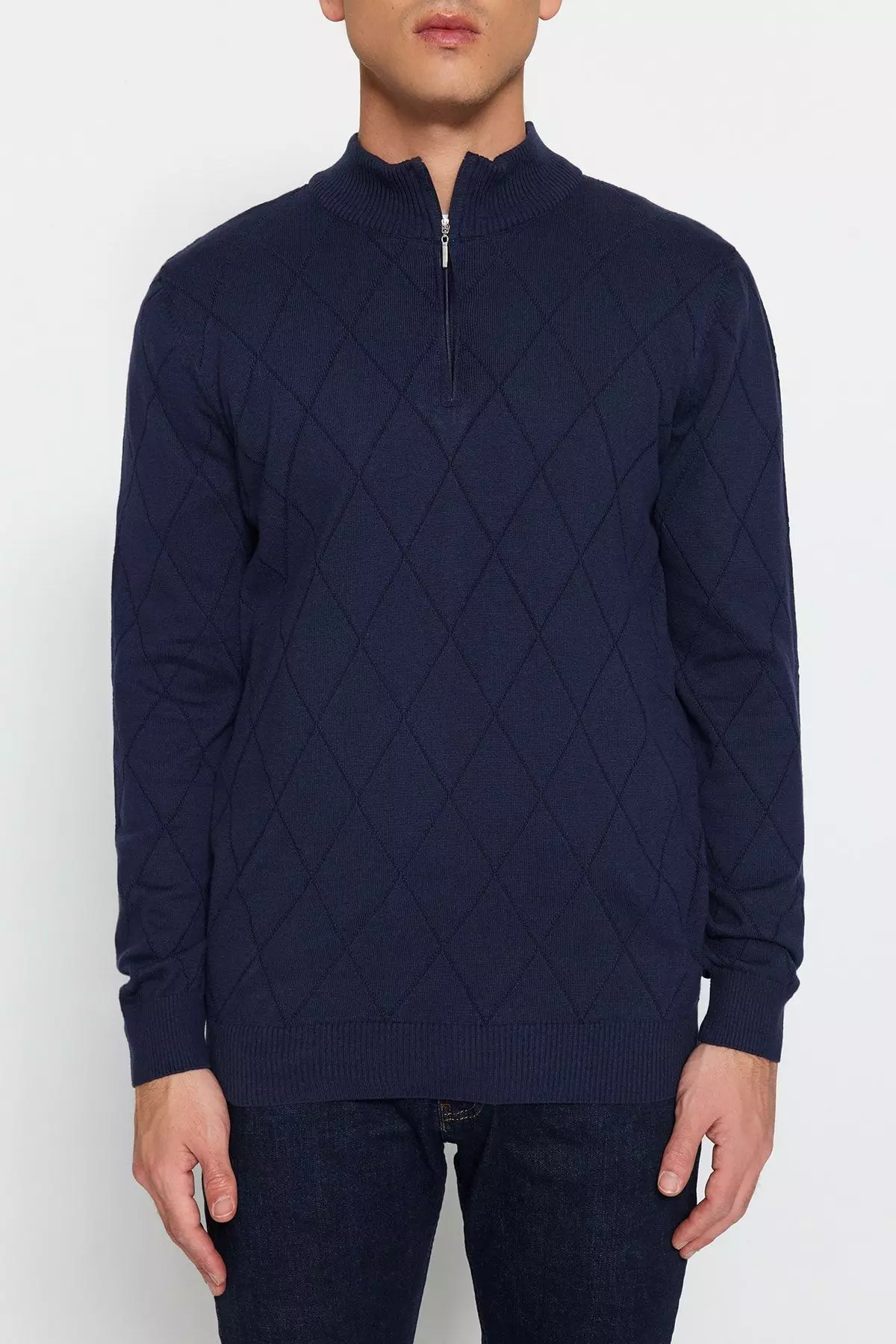 Navy Blue Regular Fit Cotton Half Turtleneck Zippered Collar Smart Knitwear Sweater TMNAW23KZ00215