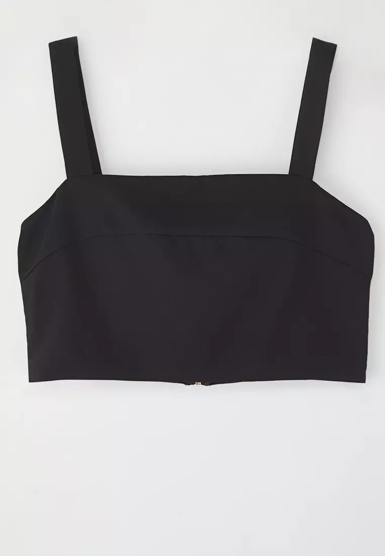 Black Strappy Crop Square Neck Woven Blouse Twoss25Bz00523