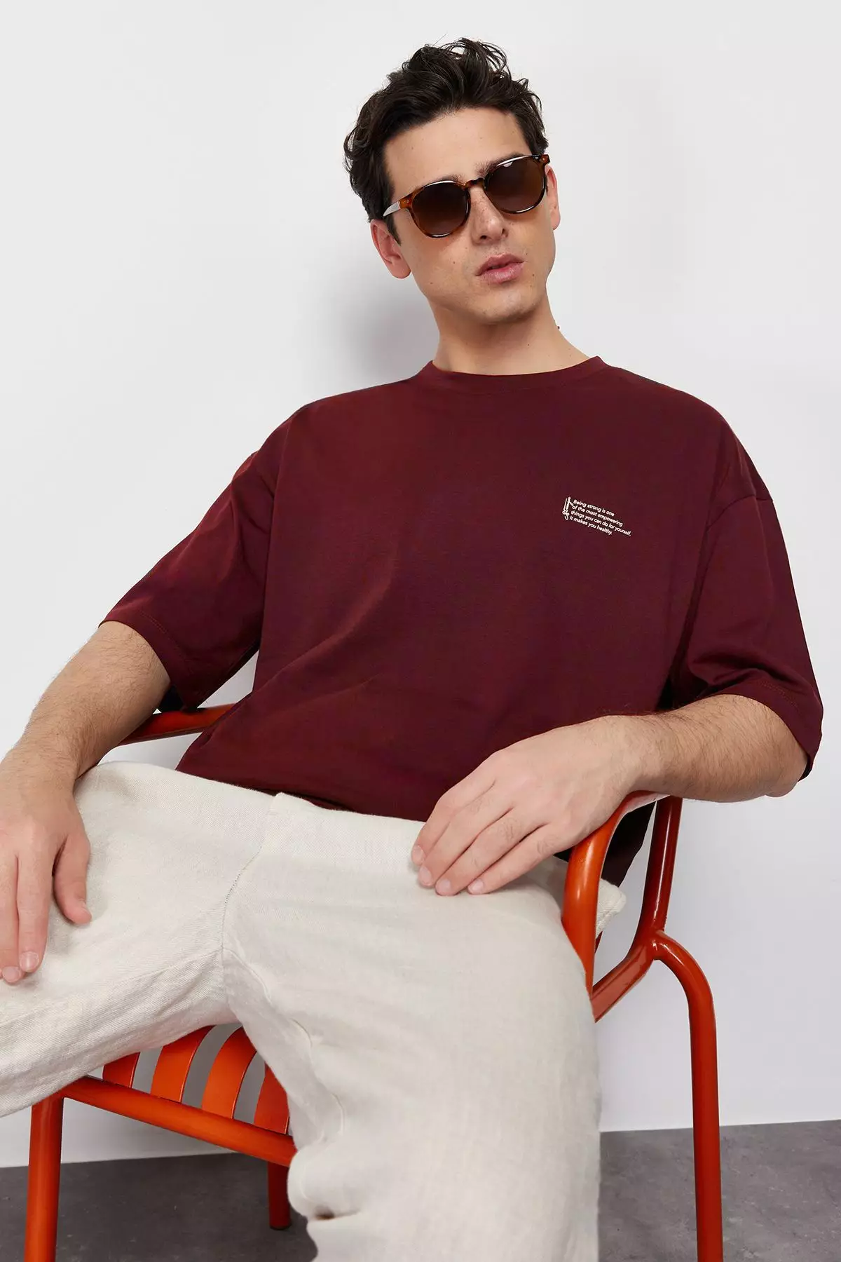 Claret Red Oversize 100% Cotton Crew Neck Minimal Text Printed T-shirt TMNSS23TS00084