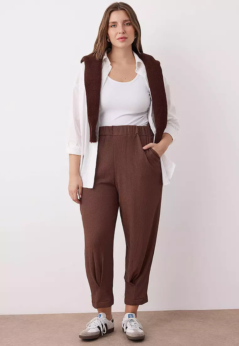 Brown Carrot Fit Elastic Waist Knitted Plus Size Trousers