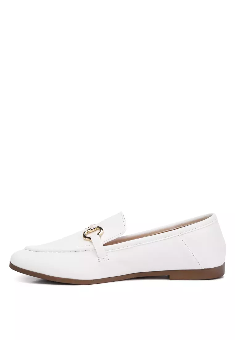 Horsebit Embellished Faux Leather Loafers in White