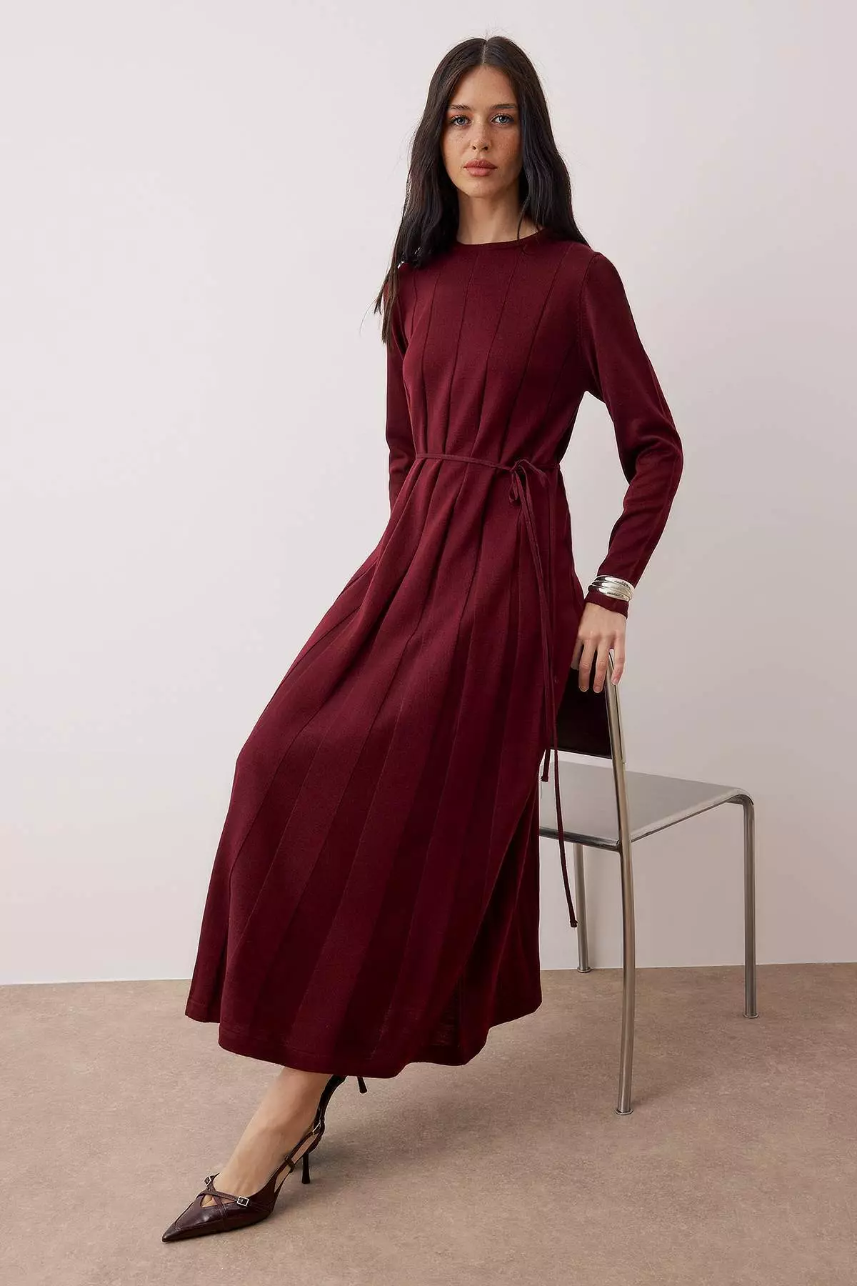 Plum Thin Belted Pleated Knitwear Dress Tctaw26Eb00010