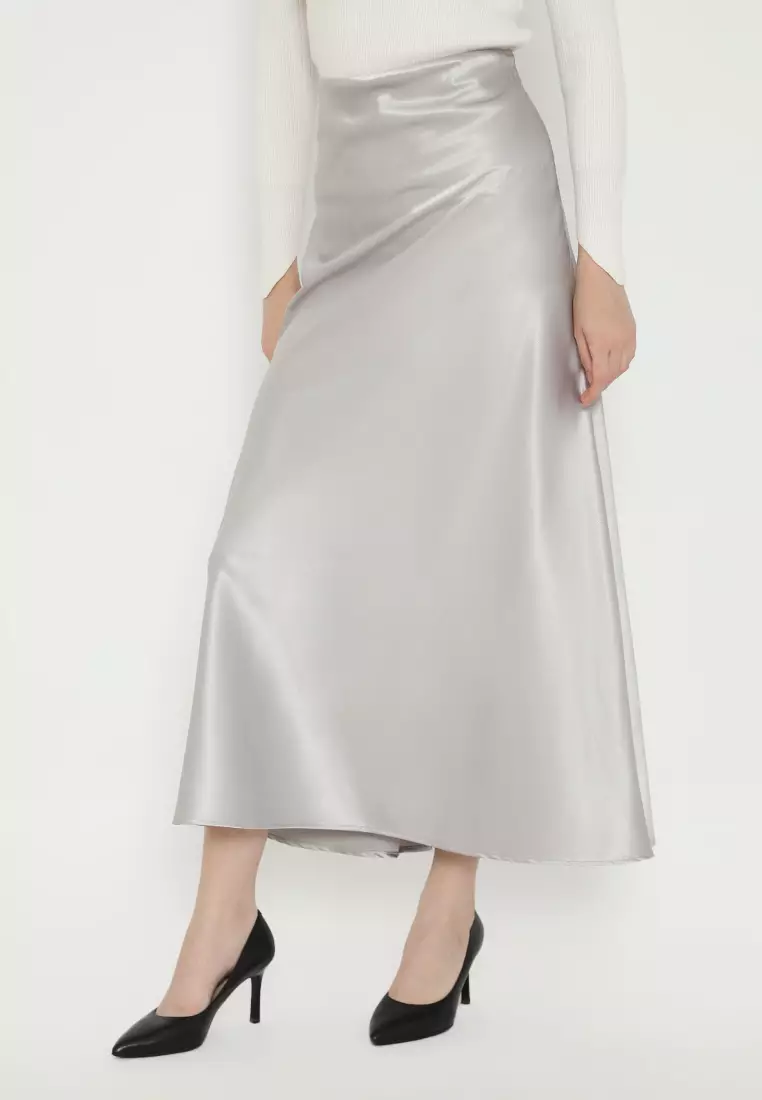 Long Skirt Satin In Grey By Brilliant Girl Warna ABU-ABU