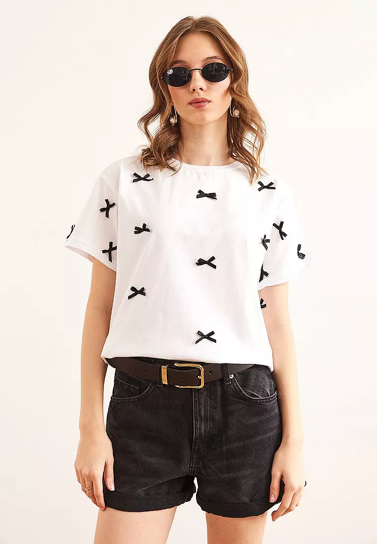 Bow Detailed Regular Fit Cotton T-Shirt