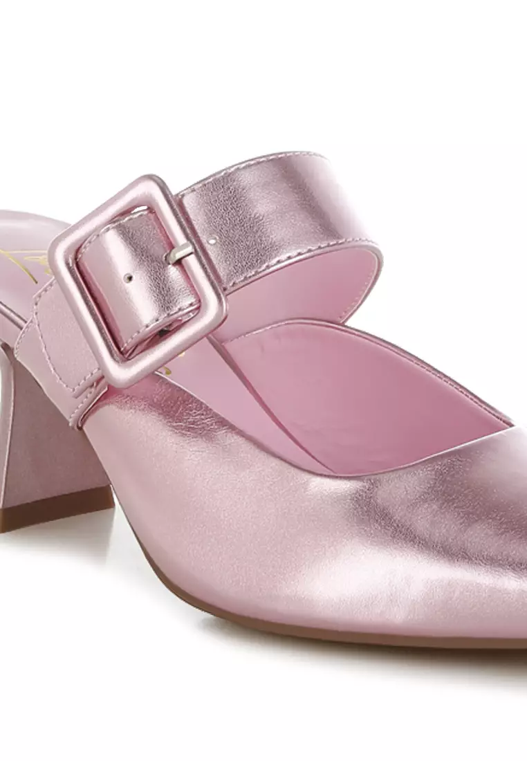 Large Buckle Kitten Heel Mules In Pink