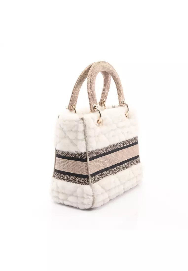 Pre-Loved Christian Dior LADY D-LITE medium bag Handbag shearling canvas white beige black 2WAY