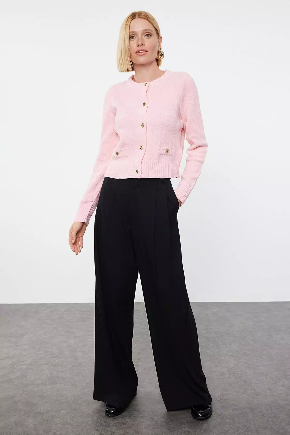 Pink Crop Premium Yarn/Special Yarn Pocket Detailed Jacket-Look Knitwear Cardigan TWOAW24HI00051