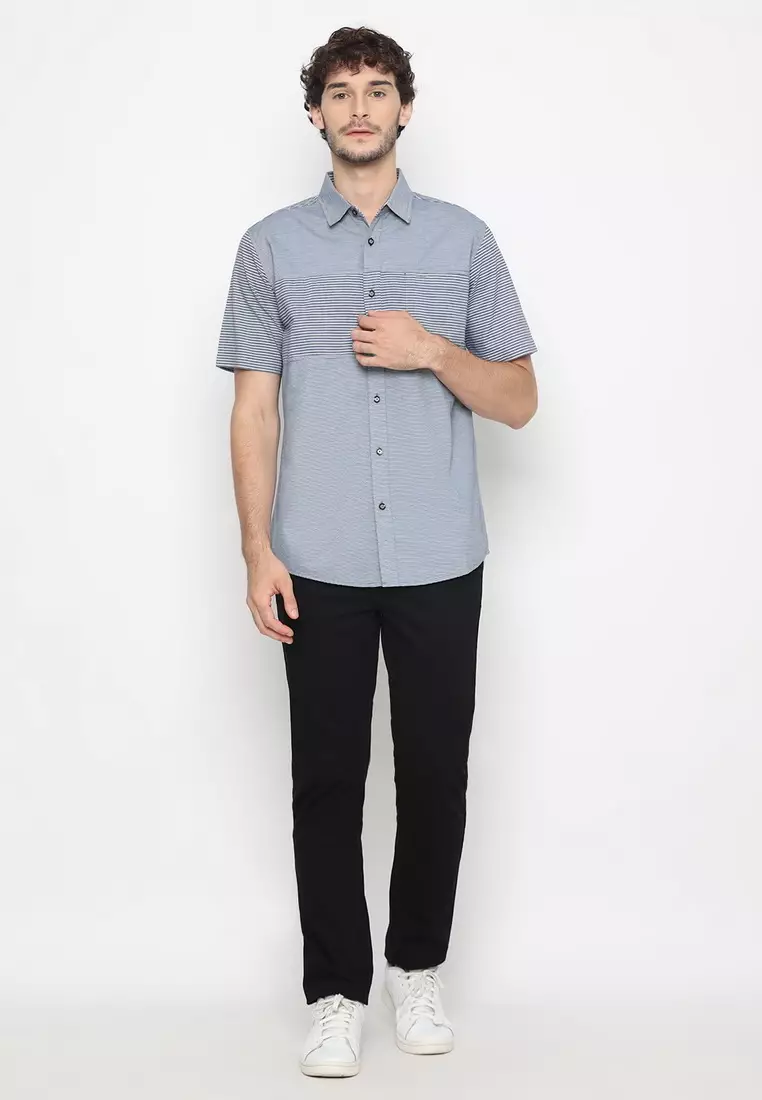 RBJ Kemeja Salur Kombi Biru Regular Fit Pria