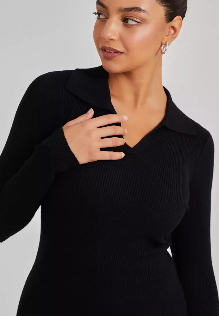 Pink Vanilla Black V Neck Collared Jumper Dress