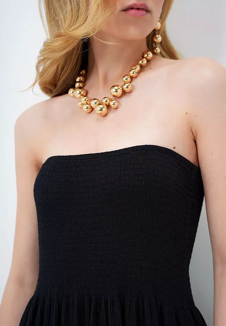 Women's Black Skirt Flounce Summer Long Strapless Dress Alc-X14127