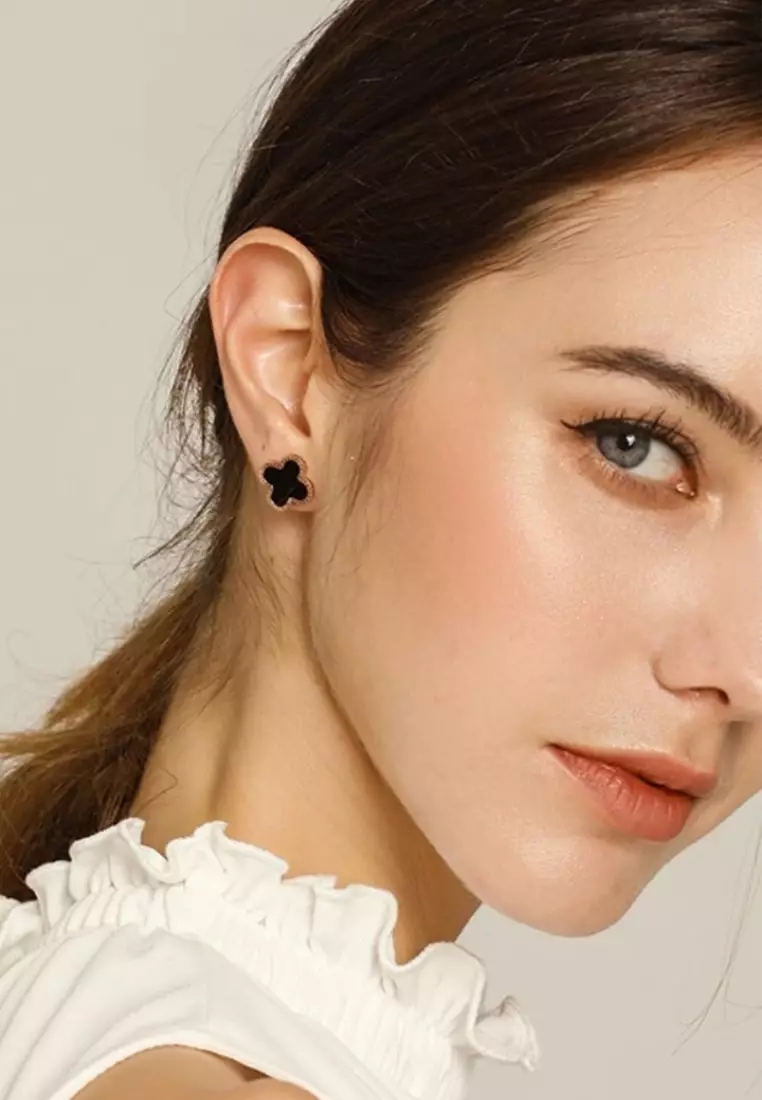 Adele Four Leaf Clover with Black Ceramic Inlay Stud Earrings (11mm) in Rose Gold