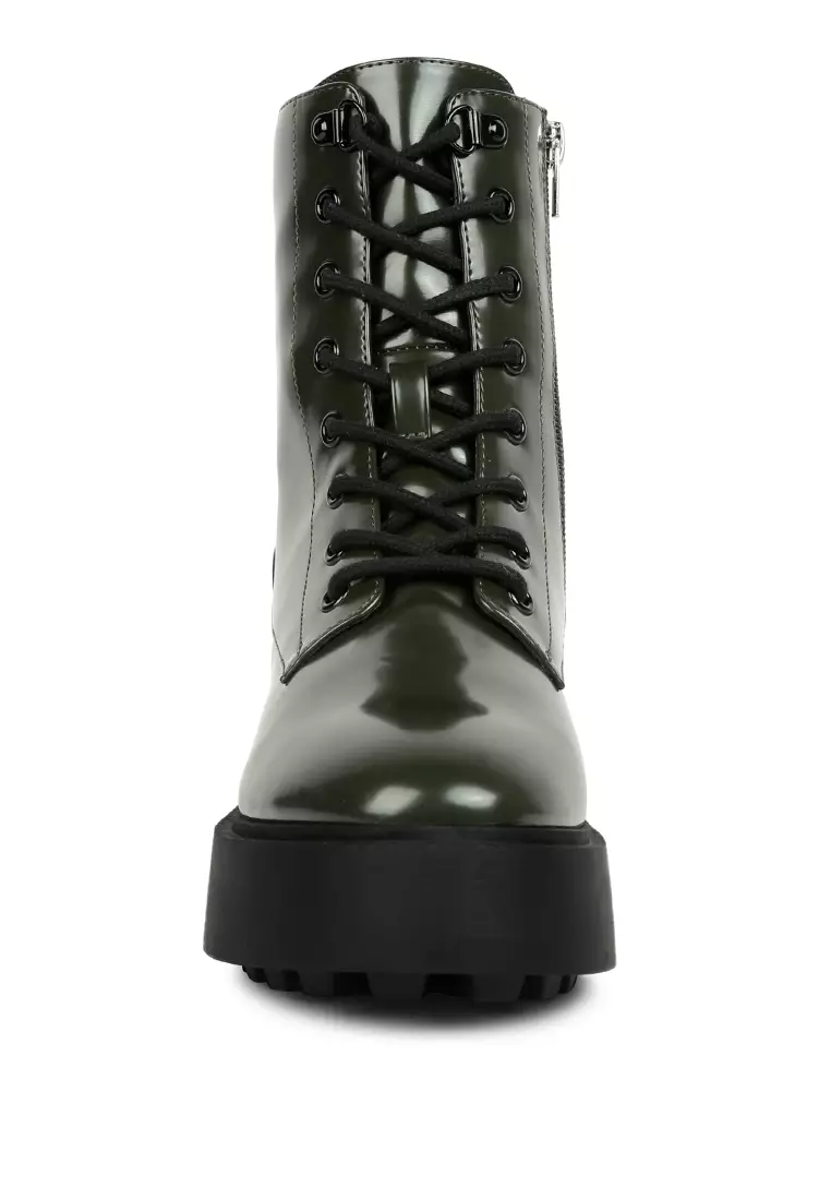Dark Green Faux Leather Ankle Biker Boots