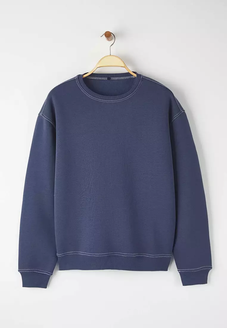 Pale Indigo Oversize/Wide Cut Contrast Stitch Detail Crew Neck Sweatshirt