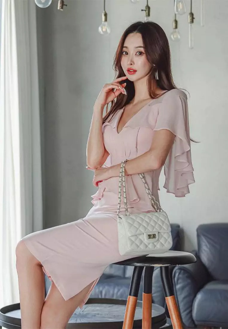 2025 New V-Neck Off-Shoulder Ruffled Hem Sexy Dress CA061349