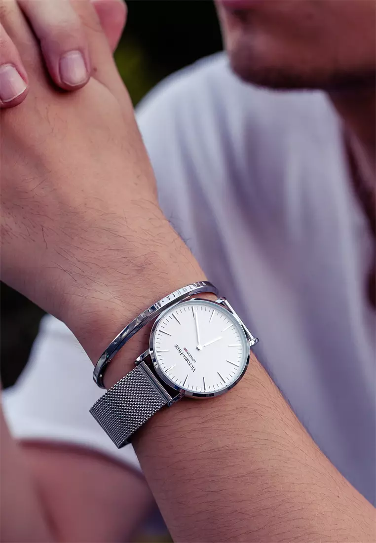 中性休闲表 男女通用 現代風格 38mm白色圓形表盤不鏽鋼網狀表帶-銀色