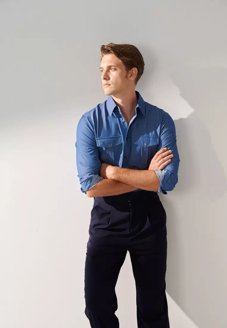 Sky Blue Double Pockets Casual Denim Shirt