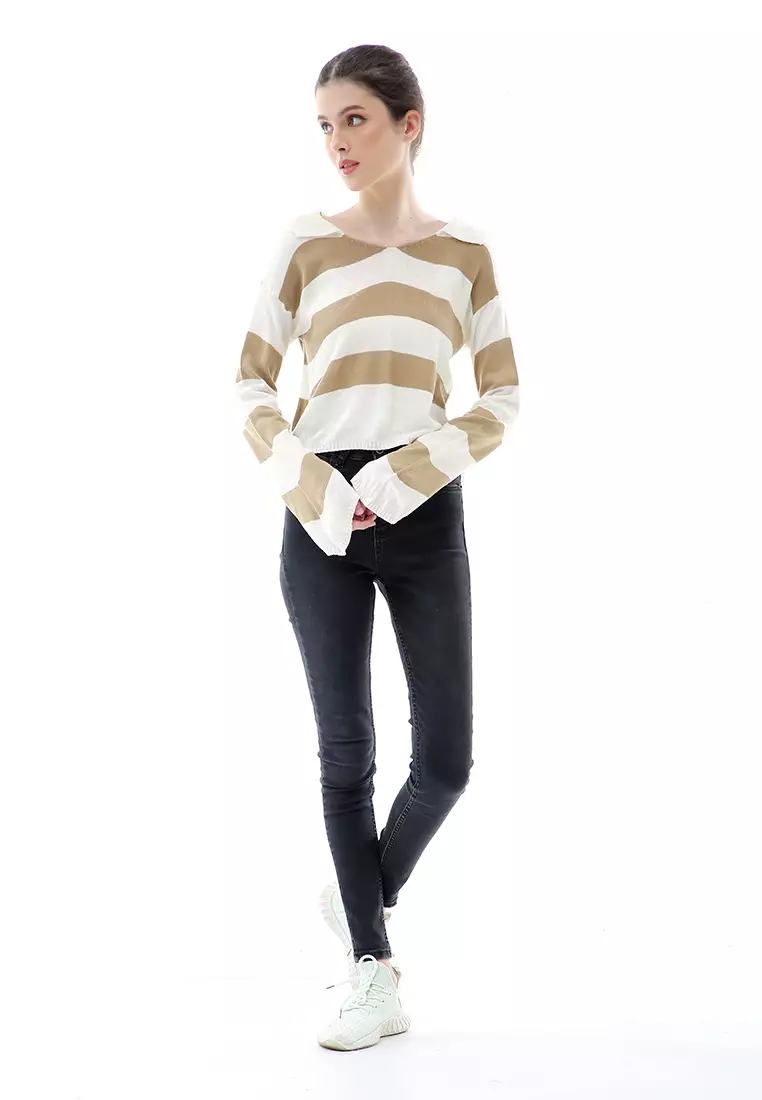 Vilia Rajut Crop Atasan Wanita Oversize Motif Stripe Garis Relaxed Fit - Khaki