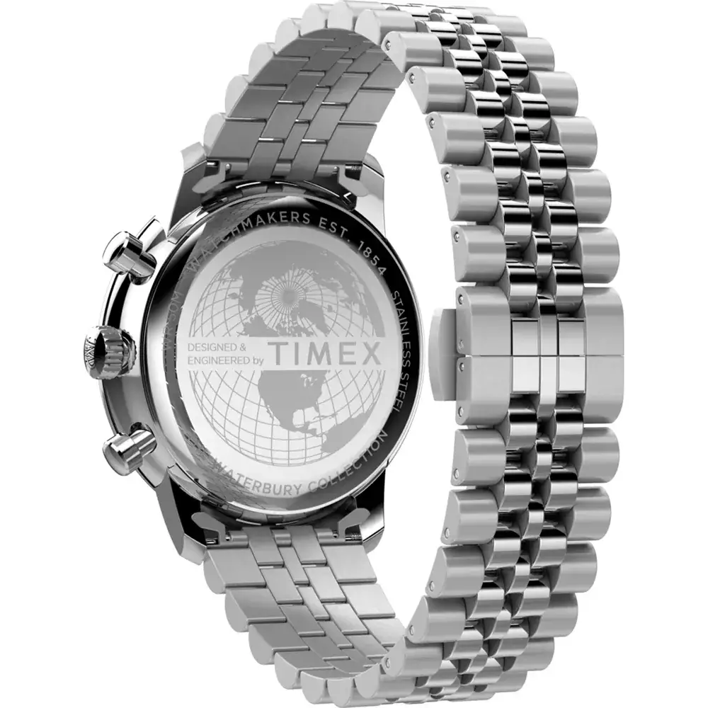 Jam Tangan Pria Timex The Waterbury Metropolitan Chronograph Black Dial Stainless Steel Strap TW2Y23400V5 Original