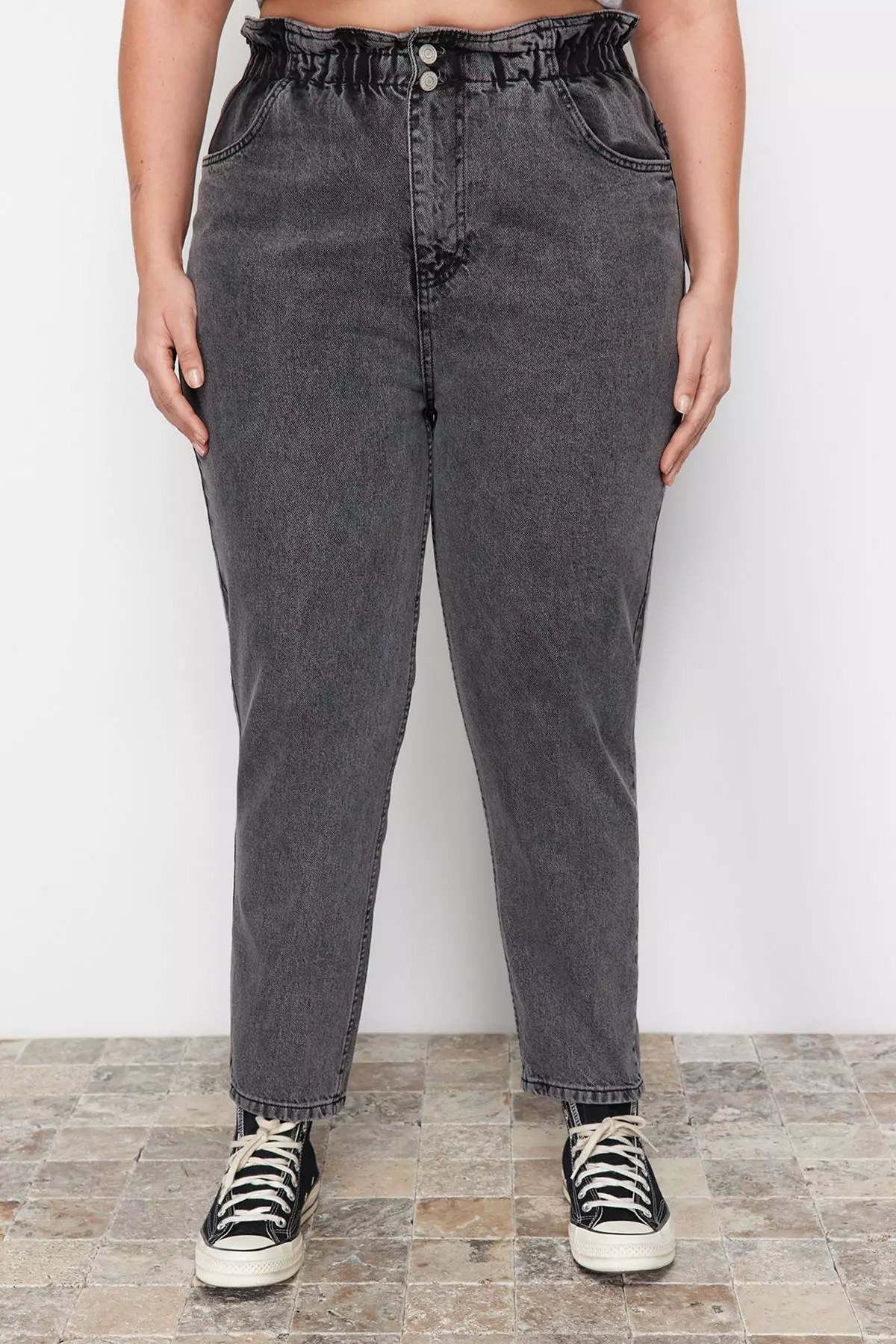 Gray High Waist Elastic Waist Mom Jeans TBBAW23JE00002