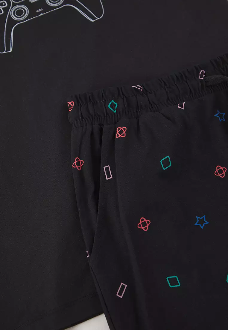 Black Regular Game Printed Knitted Shorts Pajama Set TMNSS25PT00077