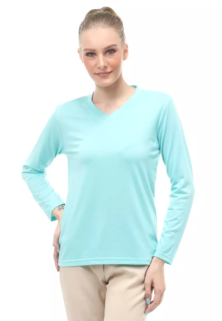 Kaos Polos Atasan Wanita V-Neck Lengan Panjang Design Simple Relaxed Fit - Mint