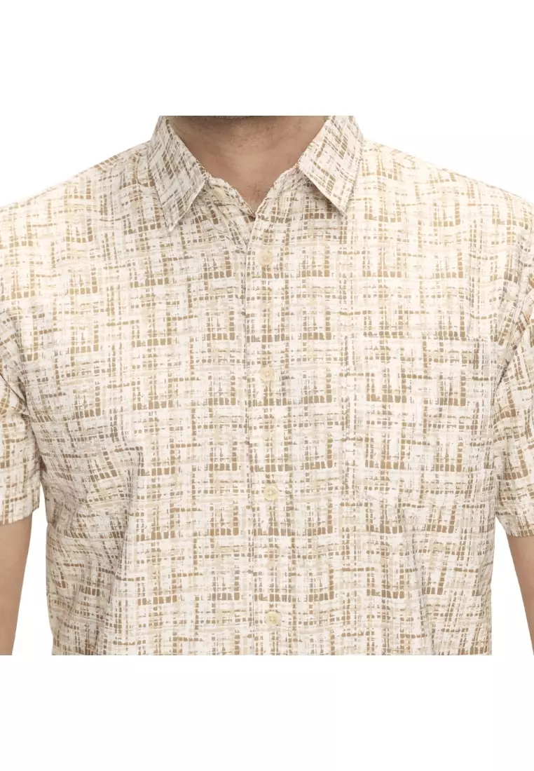 POLICE Kemeja Printing Cotton Soft Cream Coklat Regular Fit Pria