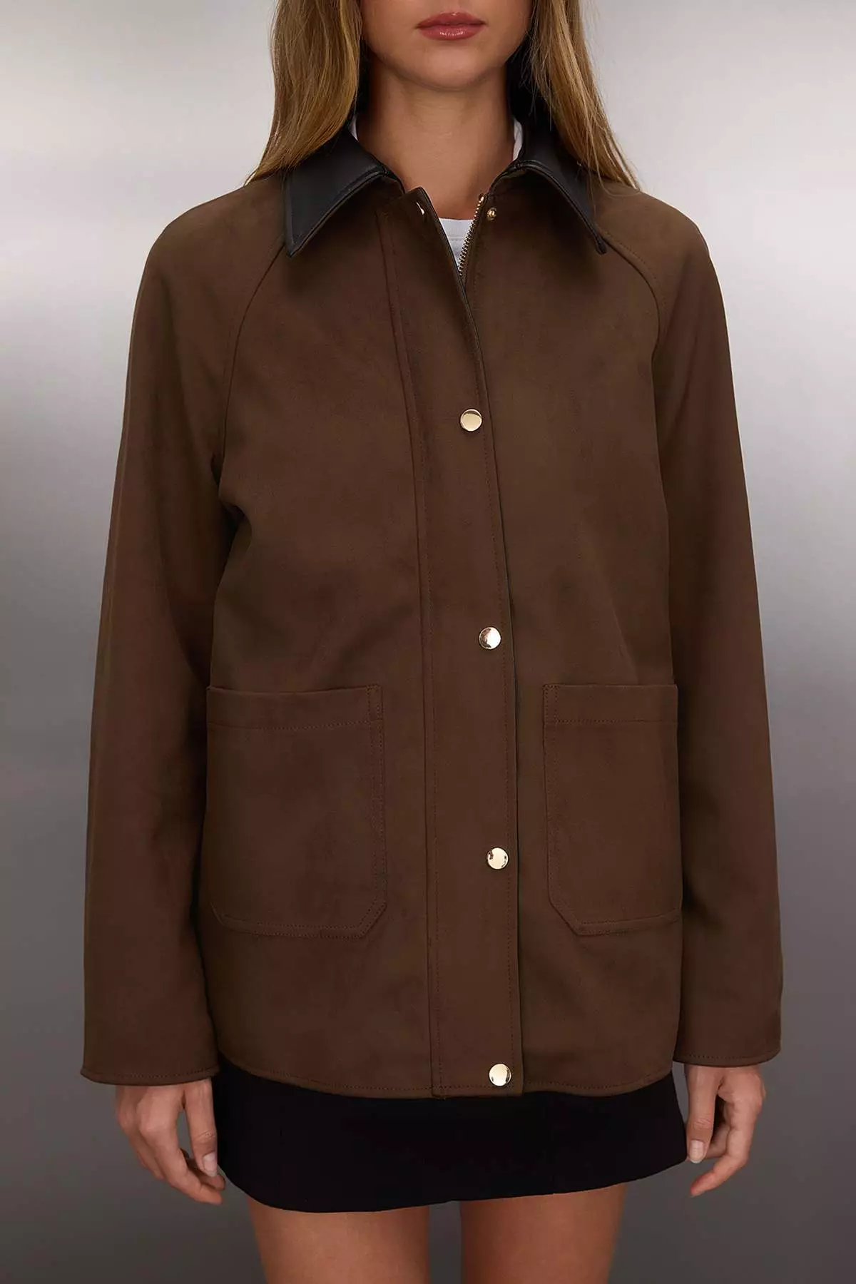 Brown Regular Pattern Collar Faux Leather Detailed Suede Thin Jacket Coat
