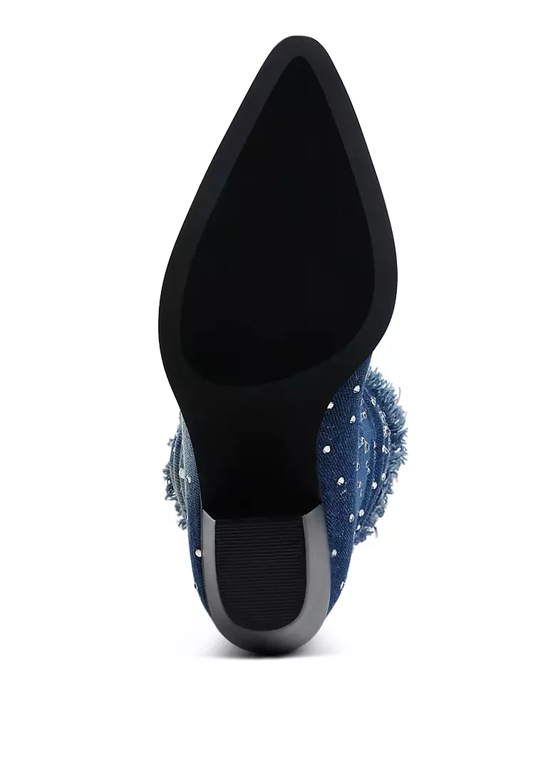 Diamante & Rhinestones Denim Boots in Dark Blue