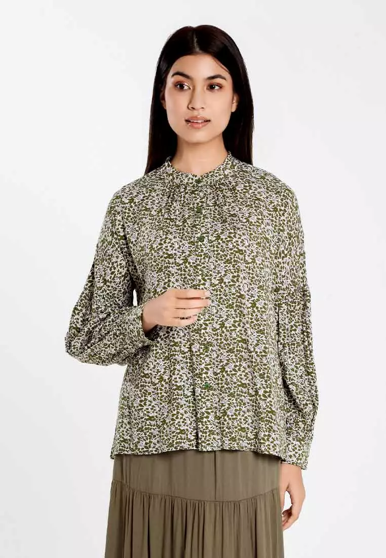 Forest Ladies Floral Pattern Button Rayon Blouse Women Long Sleeve Blouse | Baju Perempuan - 822486-41Green