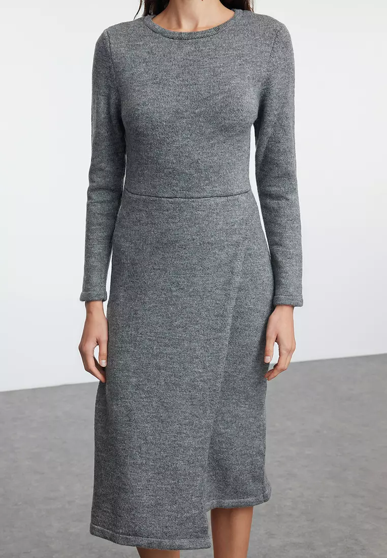 Soft Textured Anthracite Midi Knitwear Double Breasted Dress - Twoaw25El41
