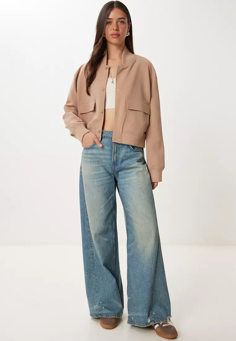 Women's Beige Bomber Woven Jacket With Flap Pockets Oh00063