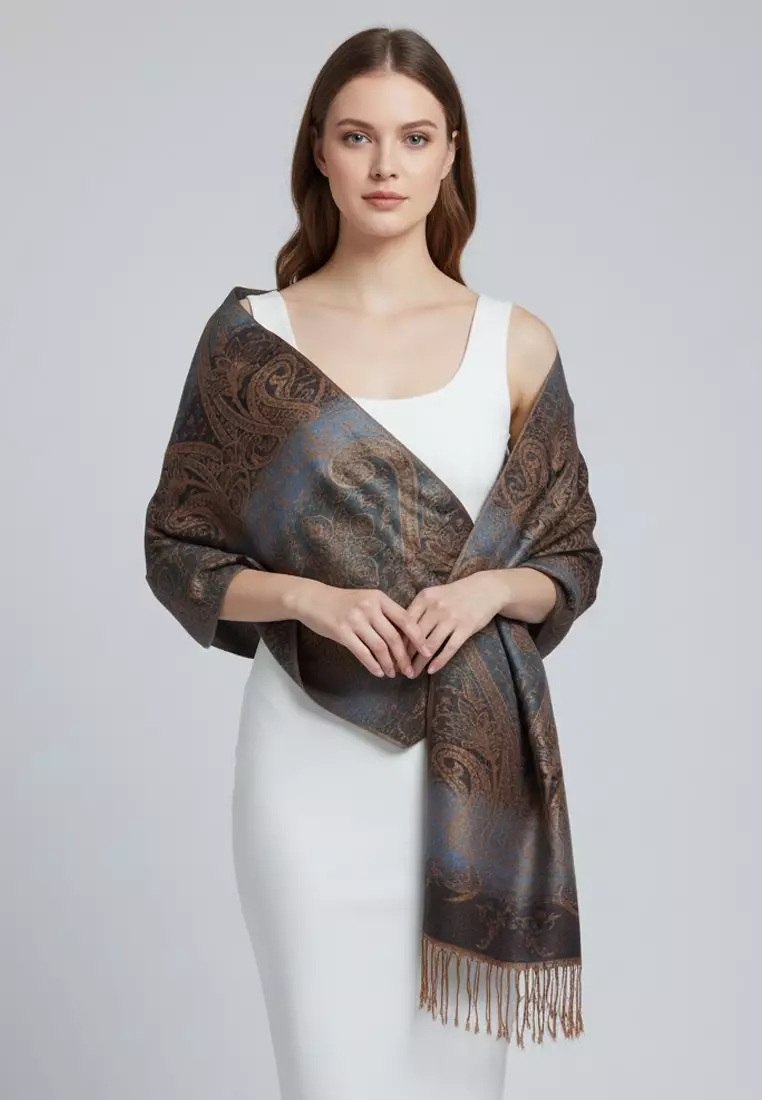 Aksesoris Wanita Reversible Viscose Arabesque Weave Pattern Pashmina Shawl Syal Gradasi Wanita Midnight Blue