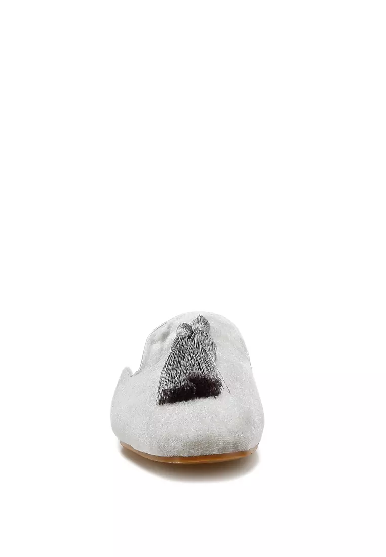 Tassel Detail Velvet Mules in Silver