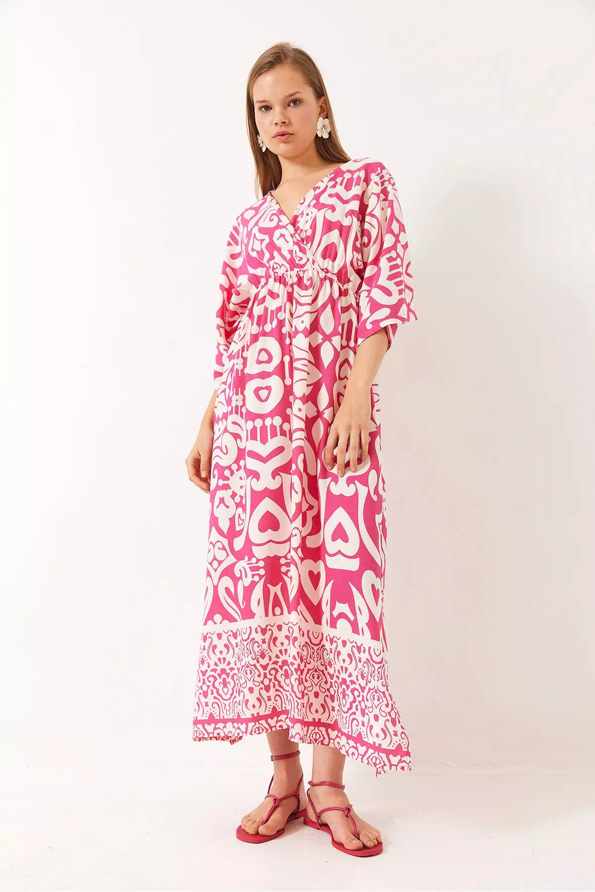 Women's Double Breasted Collar Patterned Slit Detail Woven Viscose Dress 60284018