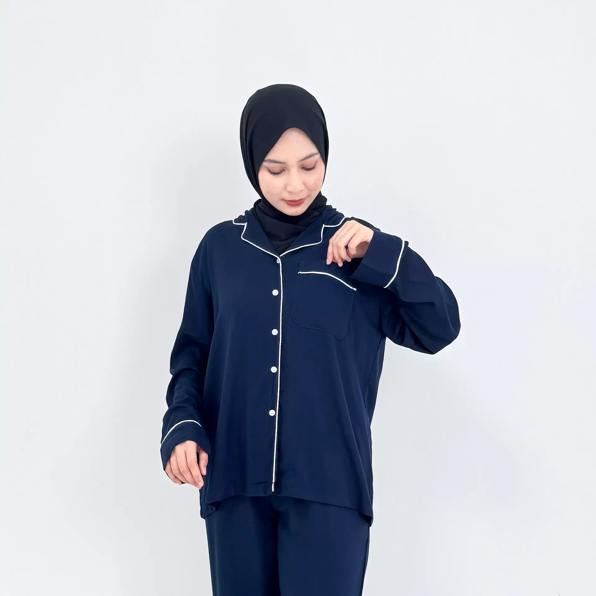 Pyjama Cotton Basic [NAVY] SIZE M-XXL Baju Tidur Long Sleeve Long Pants Sleepwear