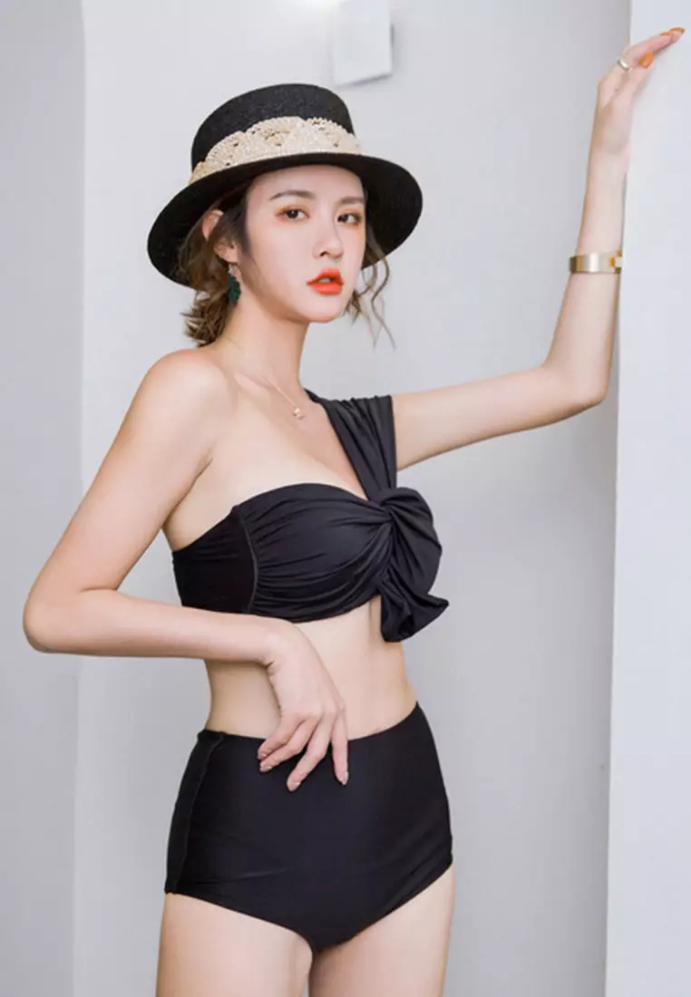 Slant Shoulder Split High Waist Two Piece Swimsuit CA071701BK