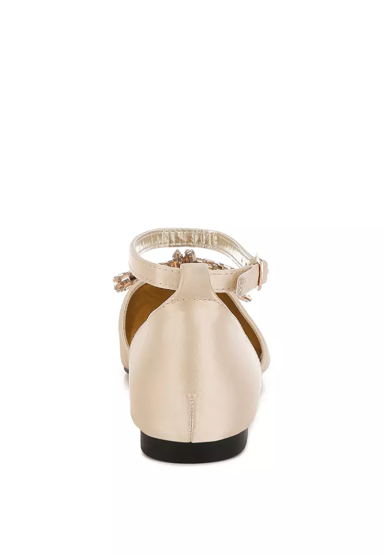 Rhinestone Detail Bow Flat Sandals in Gold