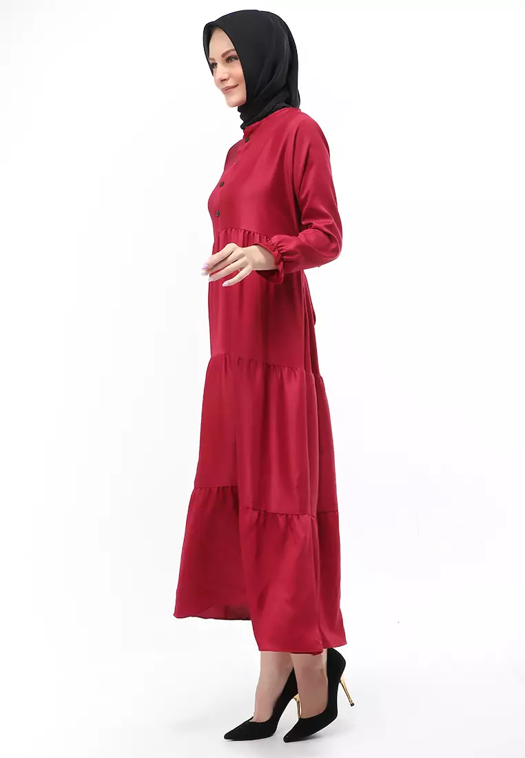 Alvia Gamis Rempel Panjang Wanita Motif Polos Long Sleeve Regular Fit - Maroon