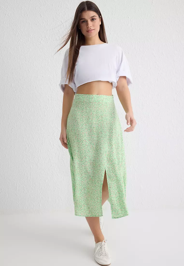 Light Green Slit Detail Fabric Floral Patterned Midi Woven Skirt