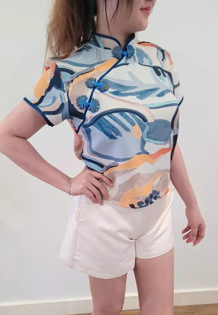 Ivory Cheongsam Cap Sleeves Top Orange White Printed Batik