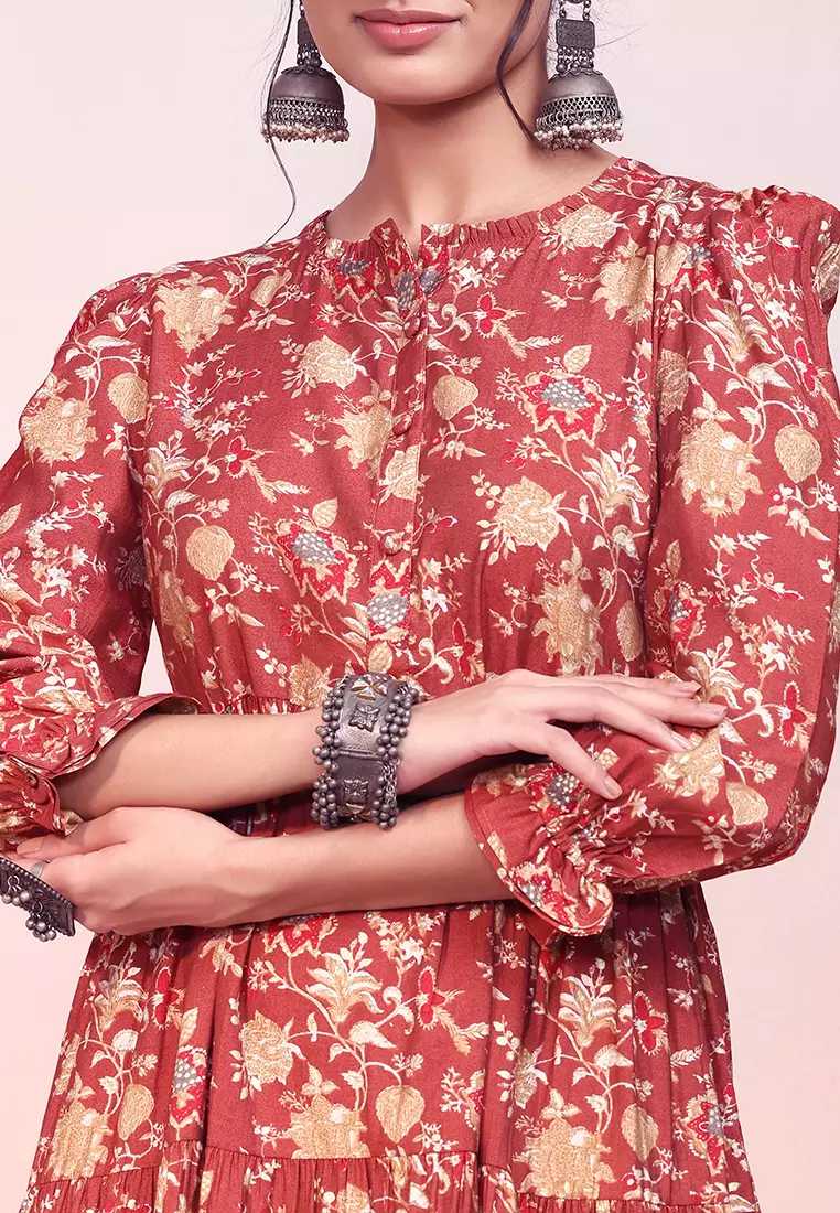 Peach Floral Print Muslin Dress With Belt