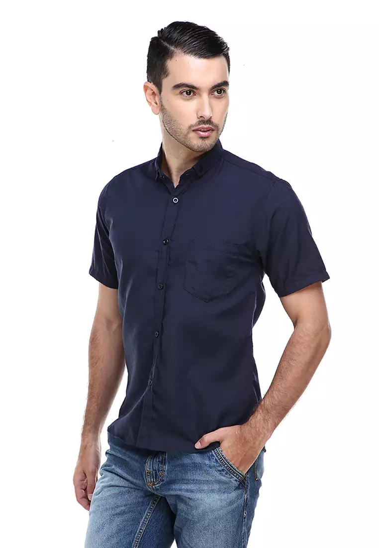Dwan Casual Shirt Kemeja Polos Pria Lengan Pendek Kasual Formal Material Cotton ORIGINAL - Navy